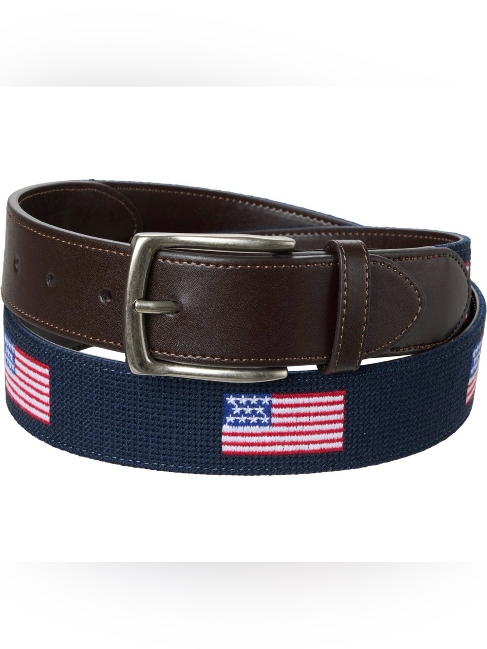 NWT Original Penguin American Flag Embroidered Navy Belt W/Brown Leather Trim-34